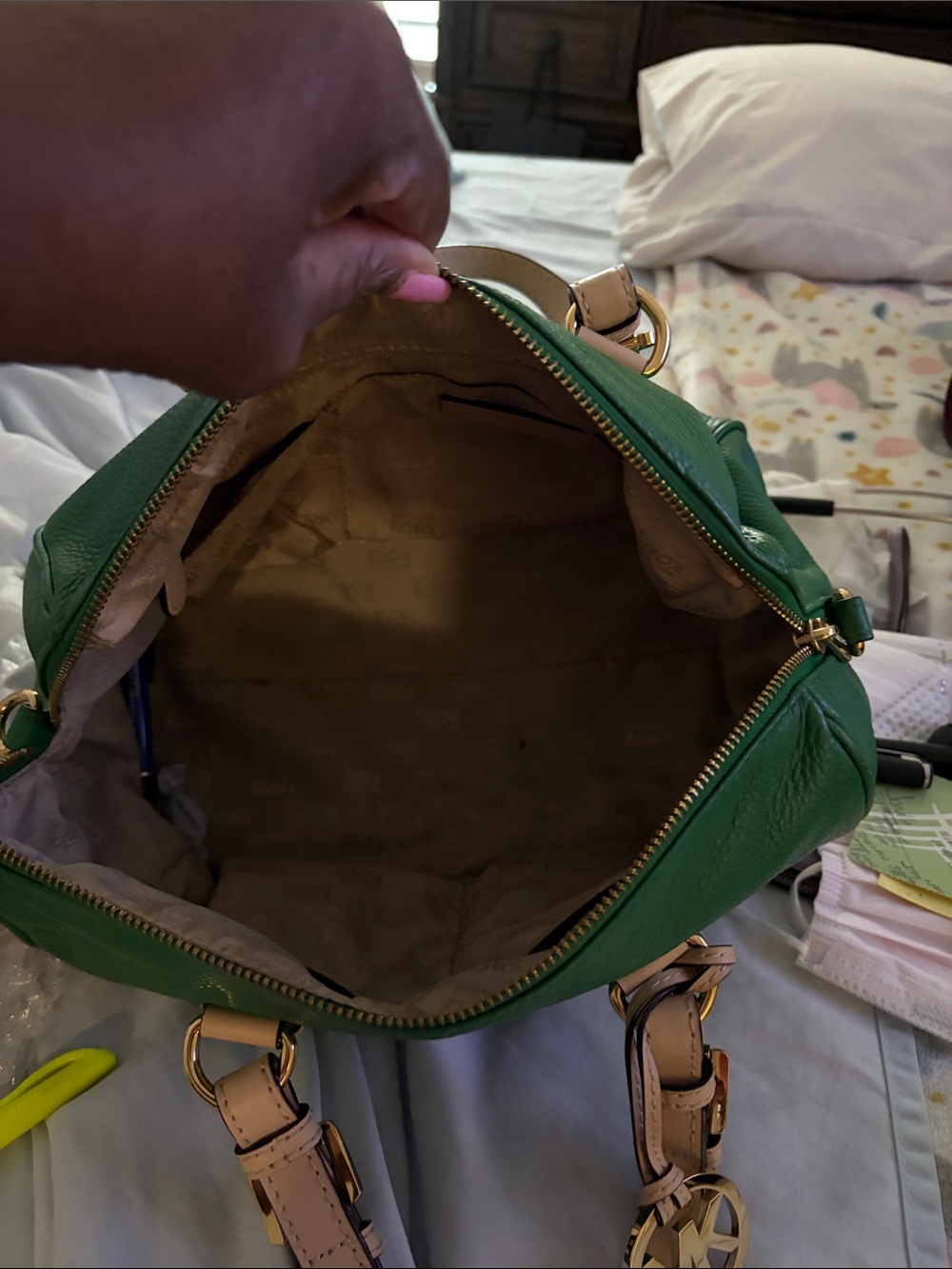 Michael Kors Green Leather Satchel with Beige Trim - Picture 9 of 15